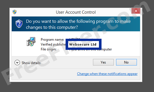 Screenshot where Websecure Ltd appears as the verified publisher in the UAC dialog